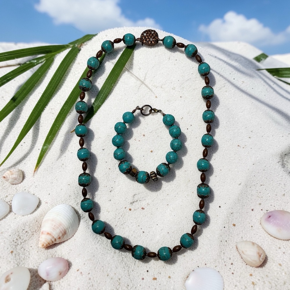 Turquoise and Brown wood Beaded Necklace and Bracelet Set